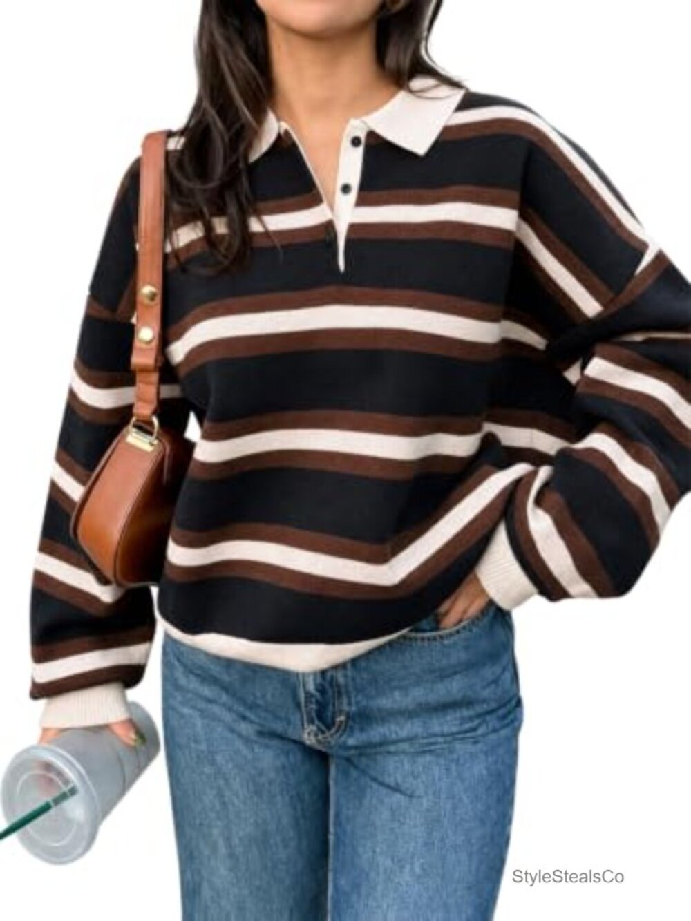 Striped Polo Sweater Long Sleeve Knit Pullover Women Casual